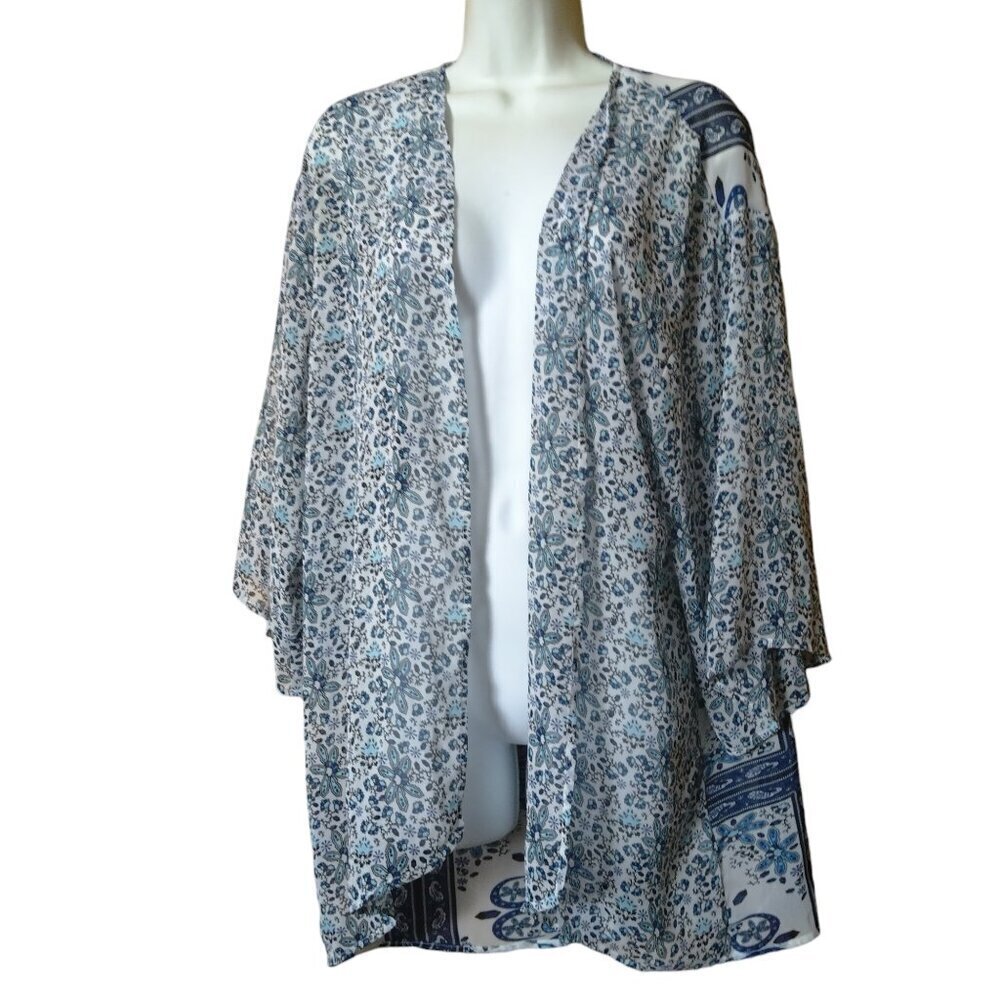 Divided by H&M  Small Open Front Sheer Swim Coverup Kimono Blue White Floral